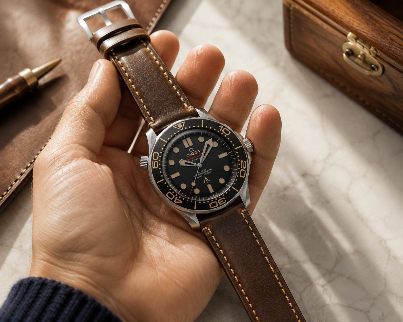 Omega Seamaster El Yapımı Deri Kayış Omega Seamaster kahverengi el yapımı deri kayış ile elde tutulan saat